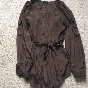 Brown button blouse with pockets and wrap tie